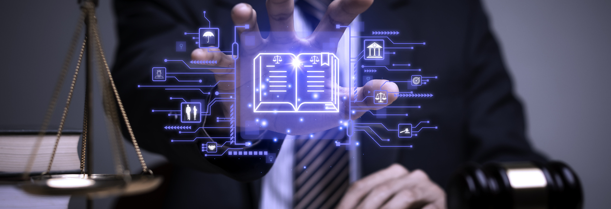 Lawyer's hand concept Justice with Judge gavel, Businessman in suit or Hiring lawyers in the digital system. Legal law, prosecution, legal adviser, lawsuit, detective, investigation,legal consultant.