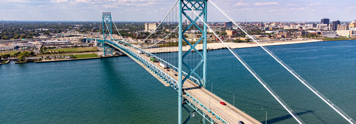 Aerial view of Ambassador Bridge connecting Windsor Ontario Canada and Detroit Michigan USA.