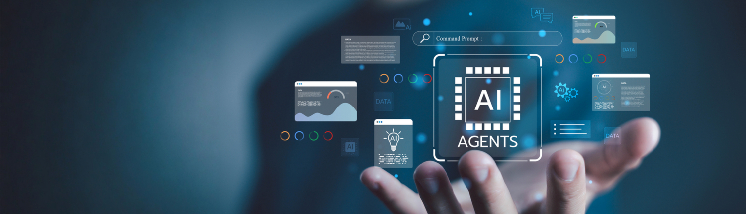 Hand holding AI agents virtual interface with data analytics, automation, and machine learning icons, representing artificial intelligence technology, innovation, digital transformation. AI analysis